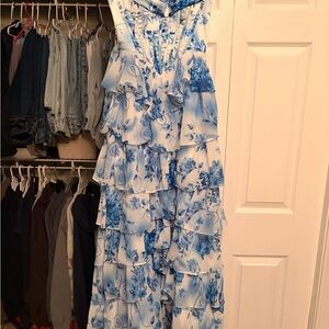 Floral Blue and White Ruffled Dress